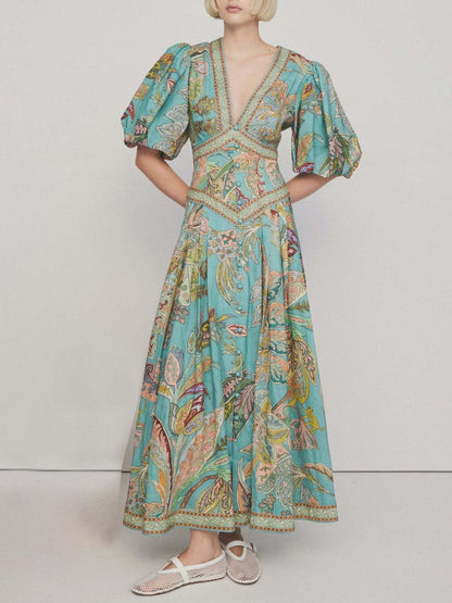 Unique Satin Print Puff Sleeve Midi Dress