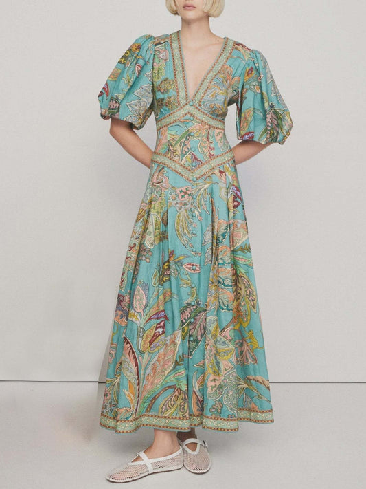 Unique Satin Print Puff Sleeve Midi Dress