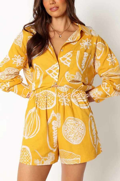 Parkside Tropical Fruit Print Loose Shirt and Elastic Waist Pocketed Shorts Set