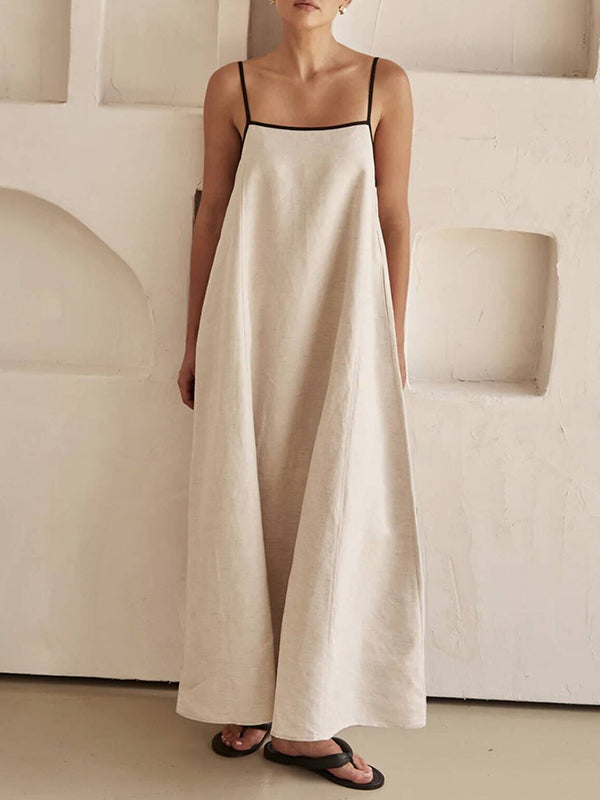 A-line Loose Split-joint Spaghetti-neck Maxi Dresses