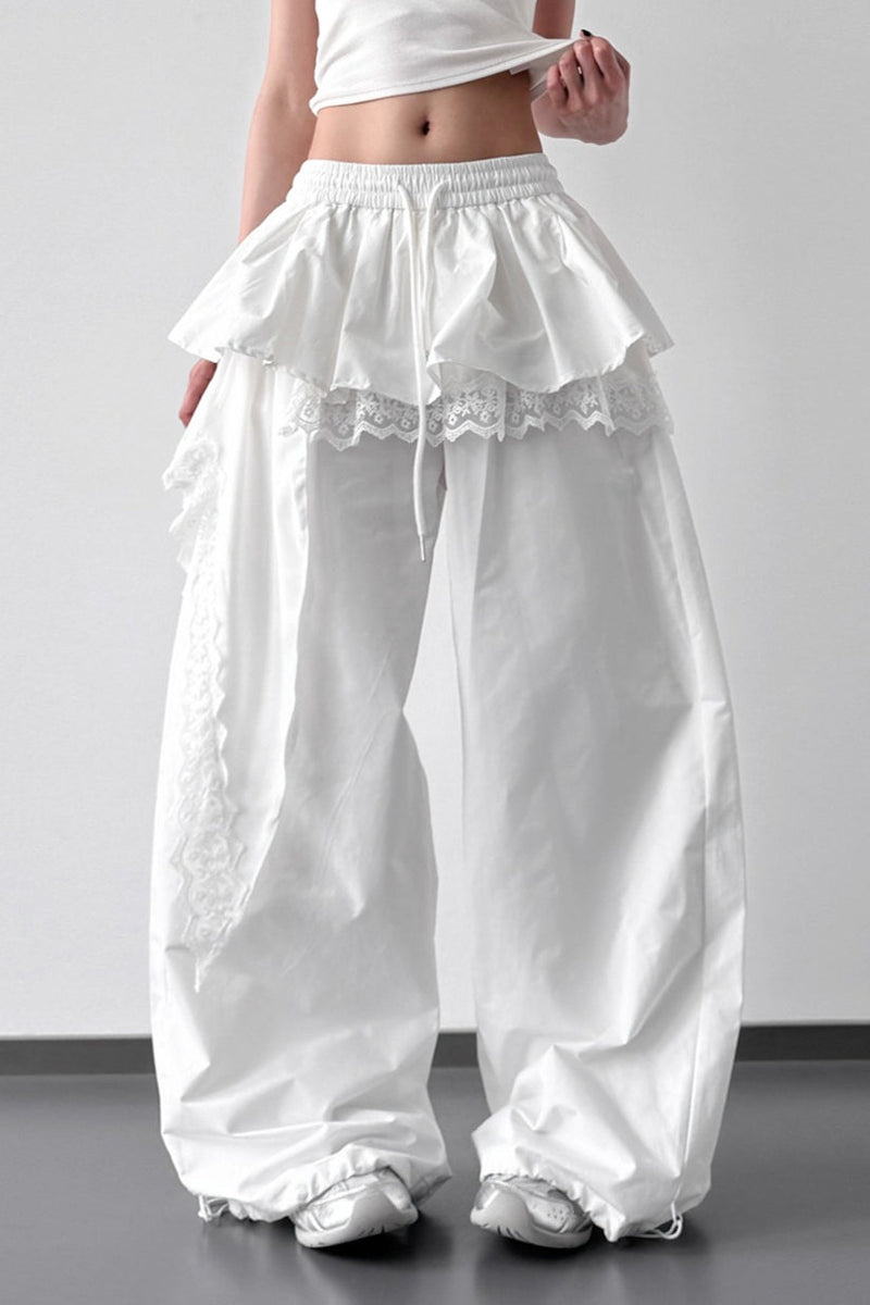 Lace Skirt Hem Trim Wide Leg Pants