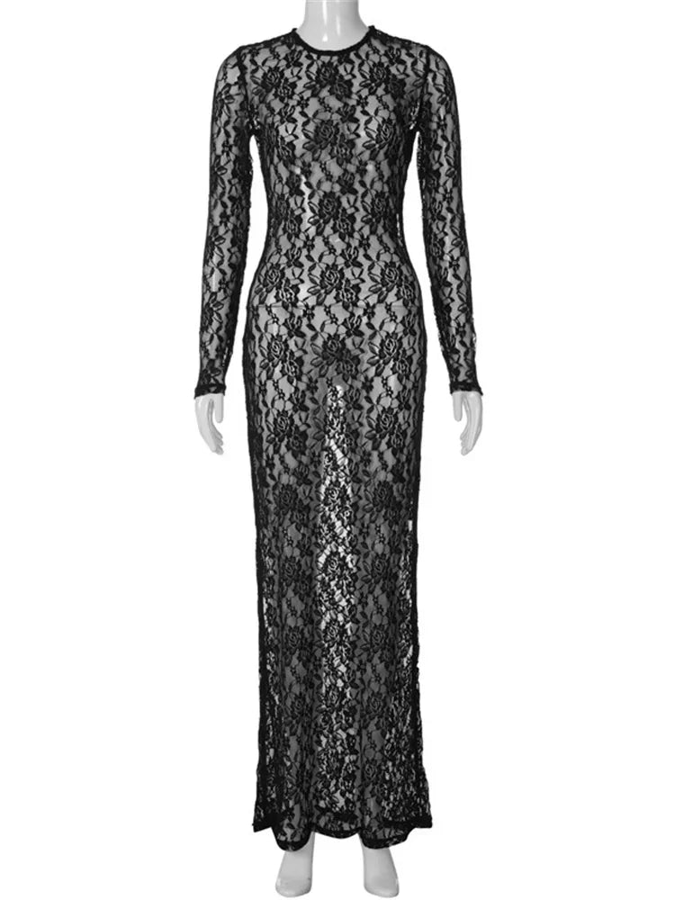 Lace See-through Printed Long Dress Female Hollow Out Slim High Waist Dress Club Clothes Maxi Dress