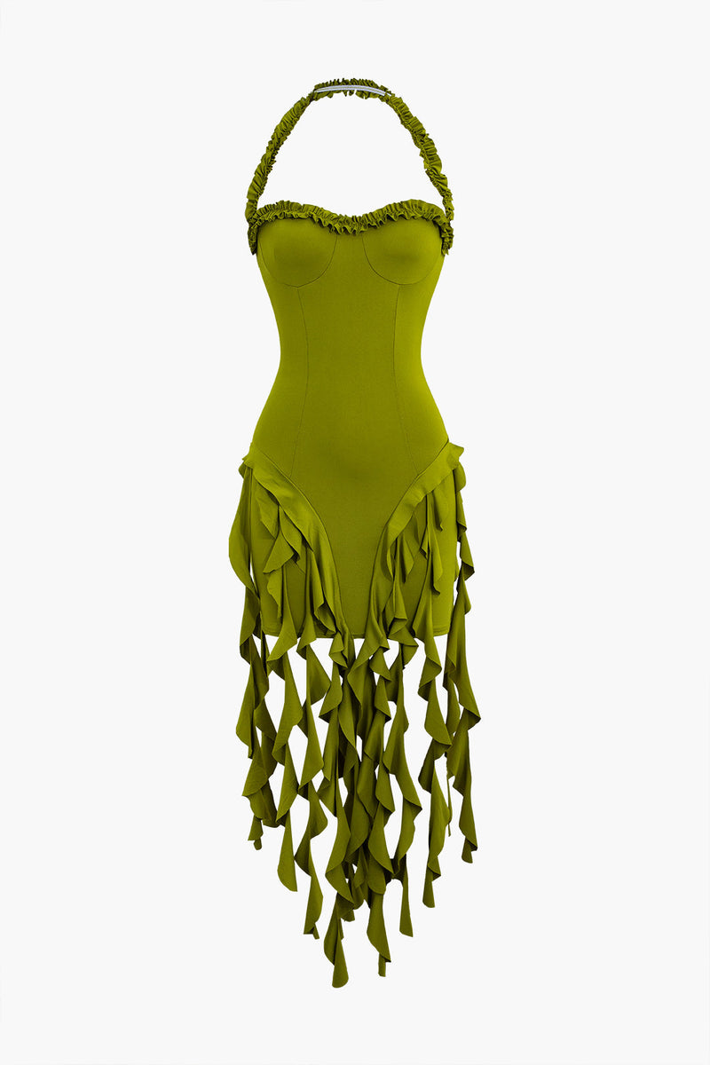 Color Ruffle Tassel Halter Bustier Mini Dress