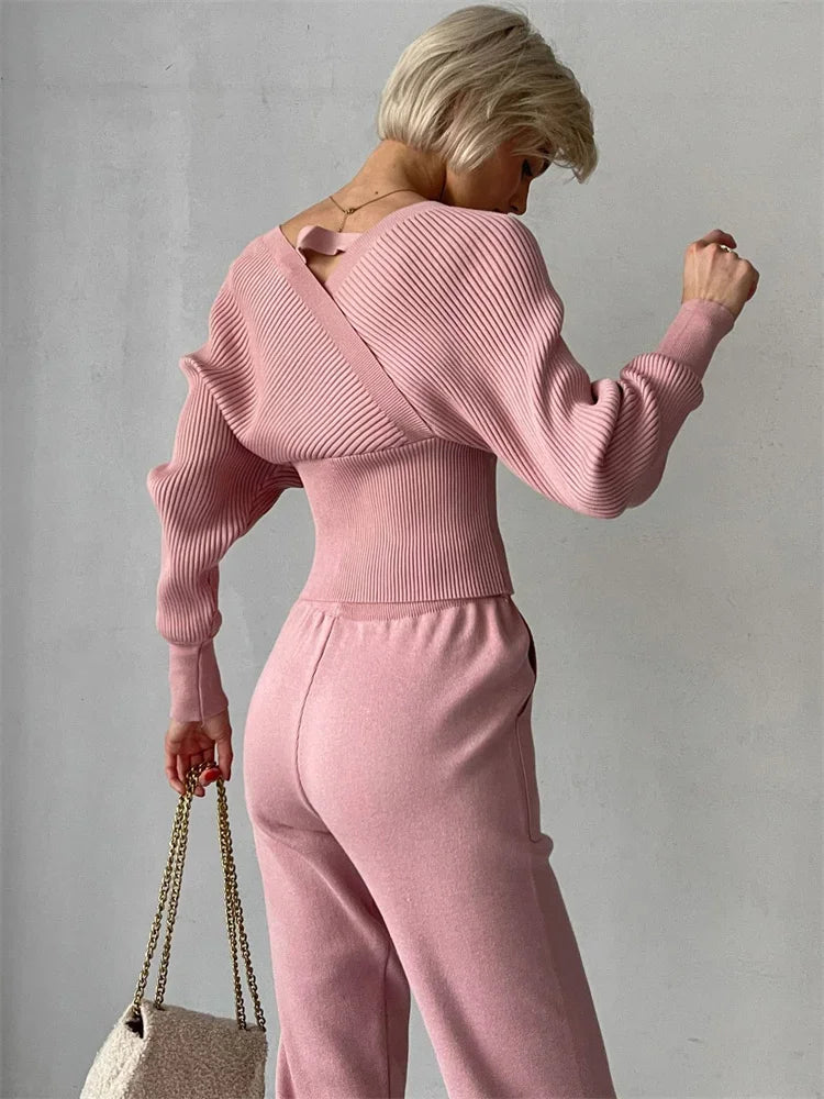 Knit V-neck Pullover 2 Piece-set for Patchwork Sweater and High Waist Drawstring ’s Pants Sets Outfits