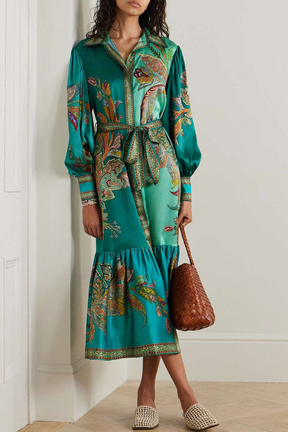 Resort Style Satin Unique Printed Lapel Lantern Sleeve Lace-up Midi Dress