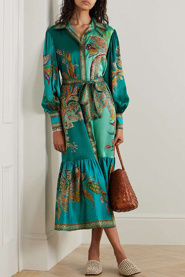 Resort Style Satin Unique Printed Lapel Lantern Sleeve Lace-up Midi Dress