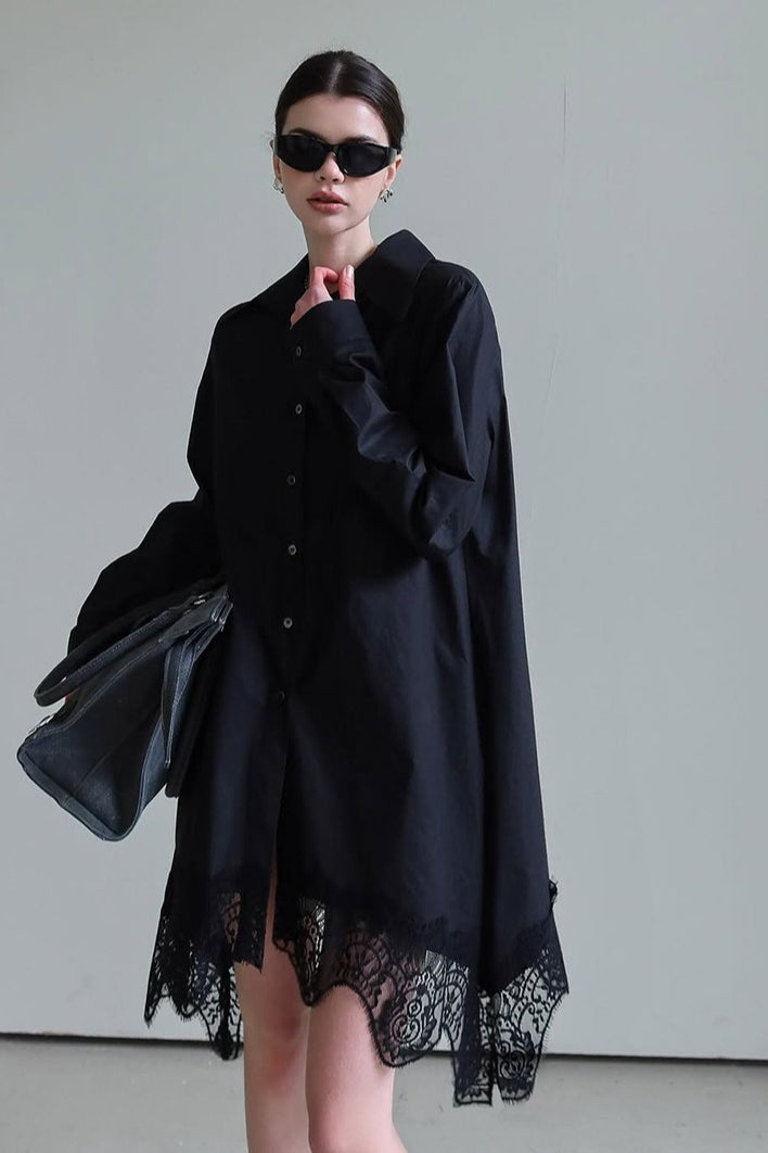 Soft Ruffled Lace Asymmetric Shirtdress Long Sleeve Mini Dress