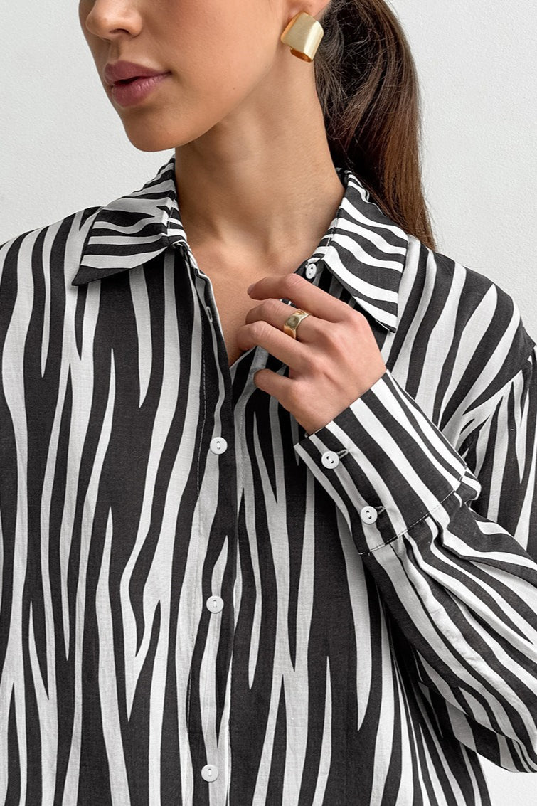Printed Long Sleeve Loose Fit Blouse