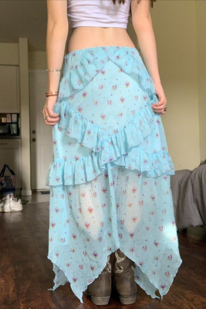 Ruffle Asymmetric Sheer Mesh Vacation Maxi Skirt