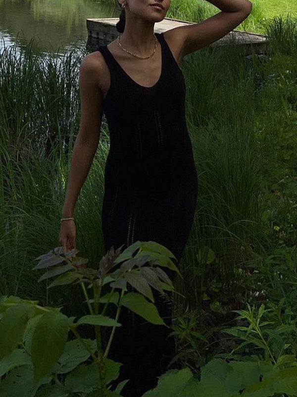 Skinny Sleeveless Backless Hollow See-through Color Split-joint Wide Straps Maxi Dresses