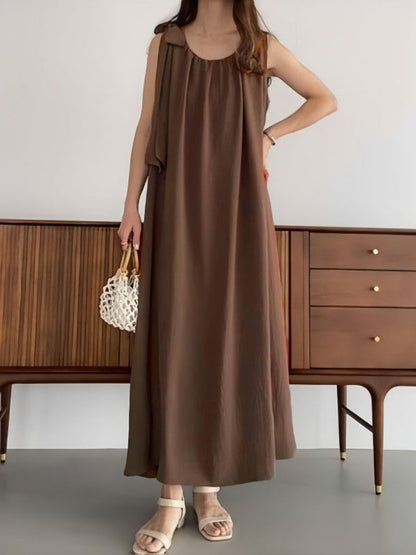 High Waisted Loose Pleated Color Tied Round-neck Maxi Dresses