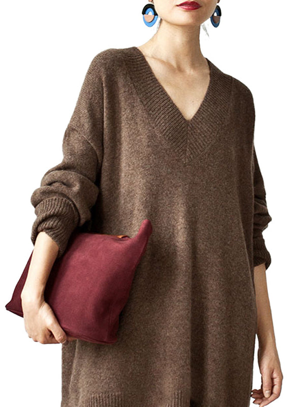 Stylish Long Sleeves Loose Color V-neck Sweater Dresses
