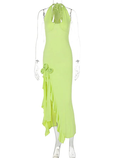 Flower Draped Split Long Dress for Halter Deep V Neck Sleeveless Backless Bodycon Club Party Long Dress