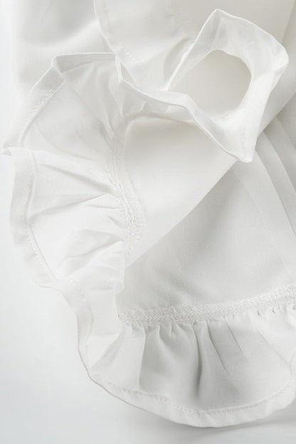 Lace Paneled Ruched Puff Sleeve Tie Blouse