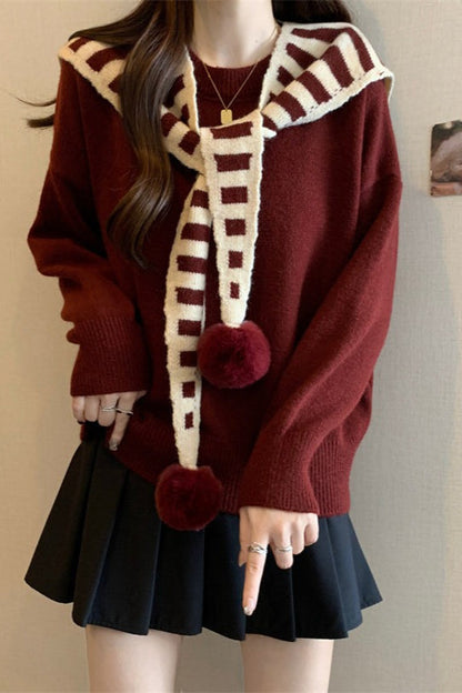 Striped Shawl Collar Pom Pom Sweater