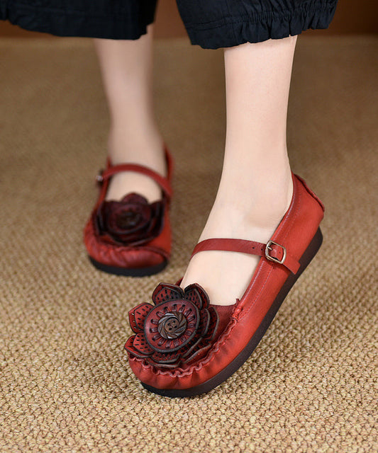 Cowhide Leather Flat Shoes for Red Splicing Buckle Strap