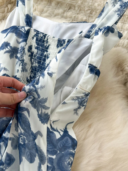 French Blue Printing Beach Long Dress Retro Party Dresses Slim A-line Sleeveless Chiffon Long Robe