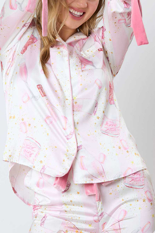 Christmas Printed Bow Tie Top and Elastic Waist Ruffle Shorts Set