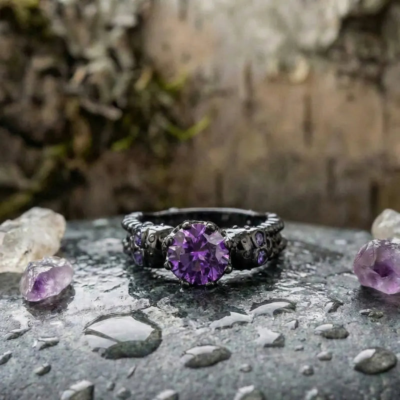 Vintage Black Round Purple Gemstone & Intricate Design Ring