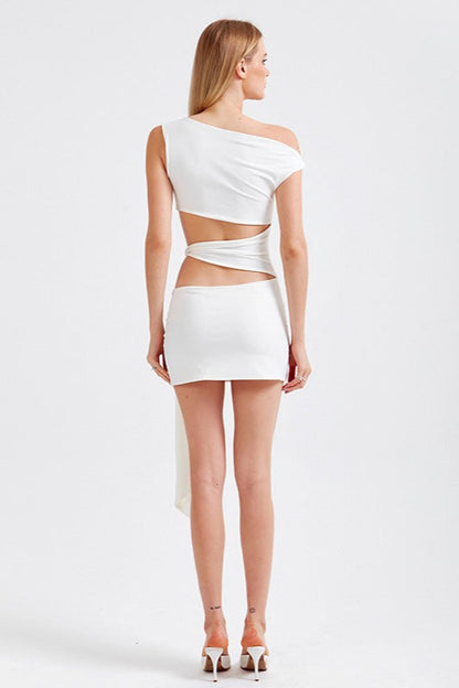 Asymmetrical Neck Cutout Tie Fitted Bodycon Mini Dress