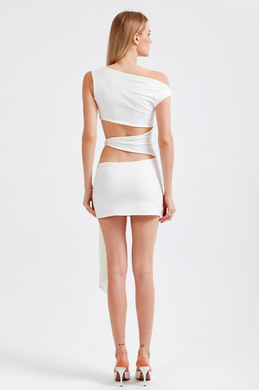 Asymmetrical Neck Cutout Tie Fitted Bodycon Mini Dress