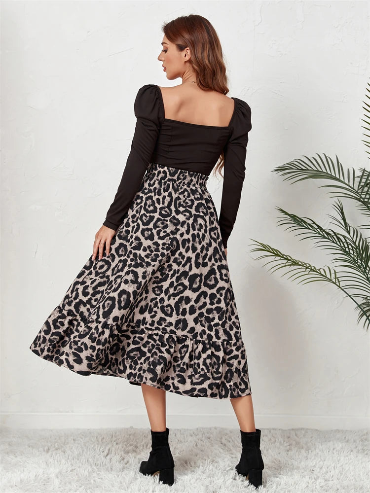 High Waist Leopard Midi Skirt for Printed Long Tulle Skirt Autumn New Chiffon A-line Skirt