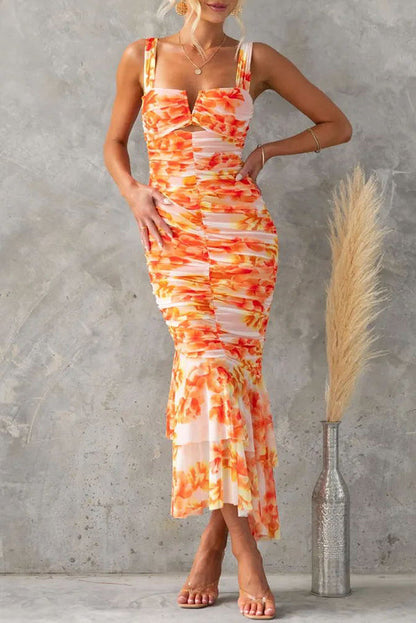 Styled to Perfection Ruched Mesh Overlay Ruffle Hem Maxi Dress