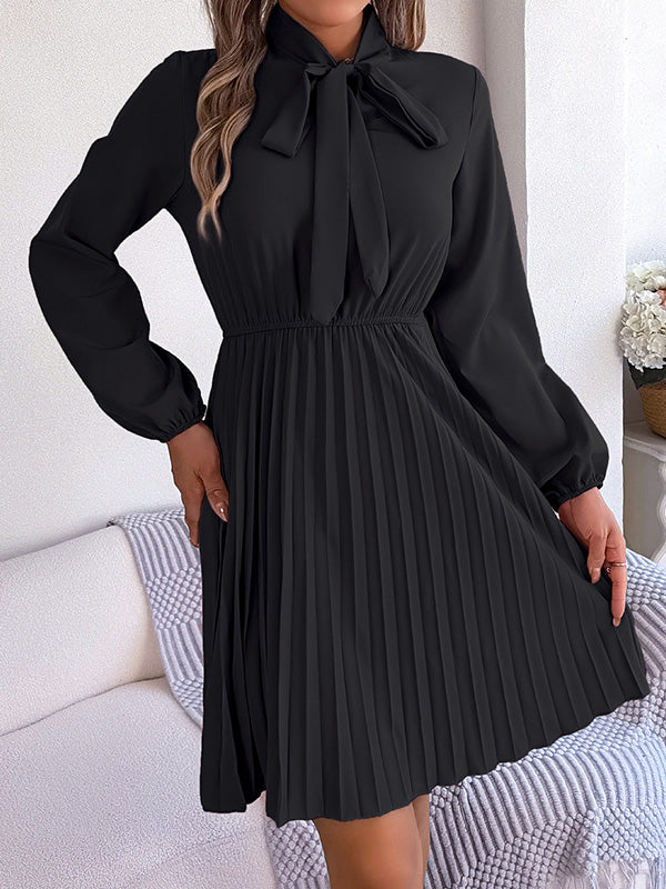 Long Sleeves Loose Pleated Color Tied Mock Neck Mini Dresses