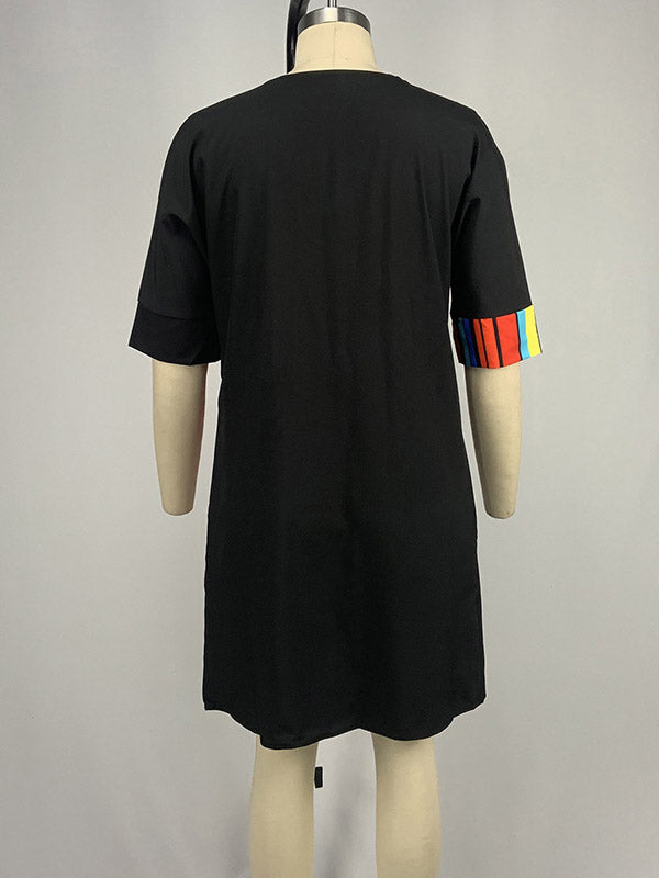 A-line Half Sleeves Asymmetric Contrast Color Striped Round-neck Mini Dresses