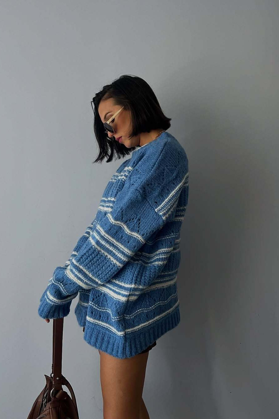 Thick Striped Knit Crew Neck Sweater