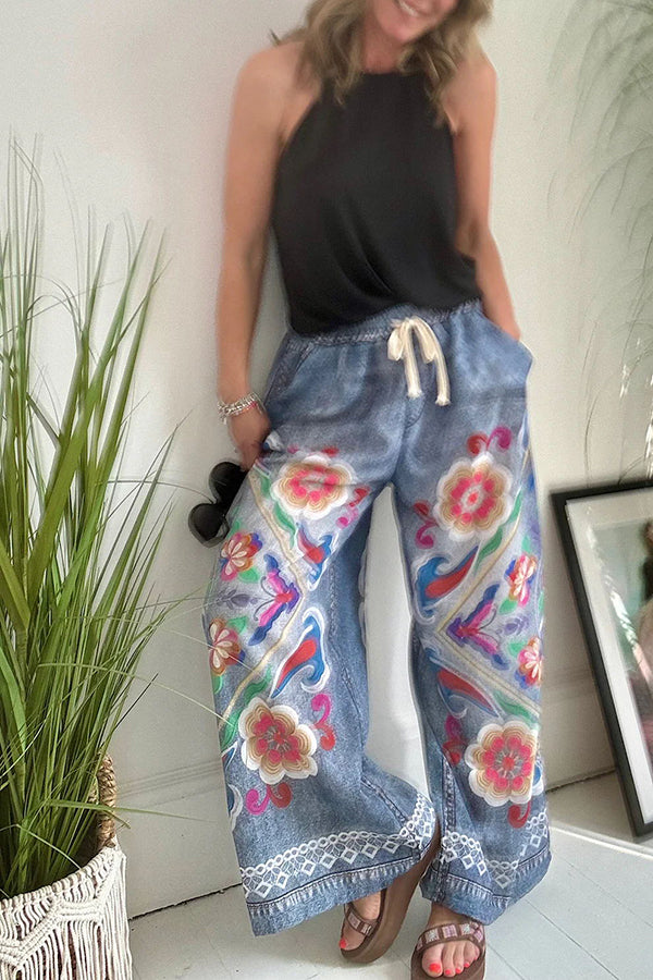 Hippie Style Unique Denim Print Elastic Waist Pocketed Wide Leg Pants