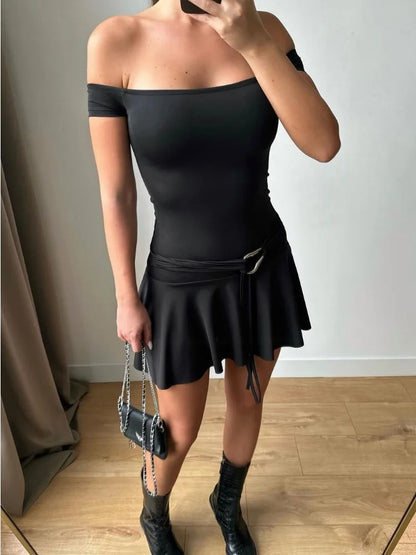 Off Shoulder Sleeveless Strapless Mini Dress for Splice Flounced Edge Slim With Belt Club Party Dresses Female