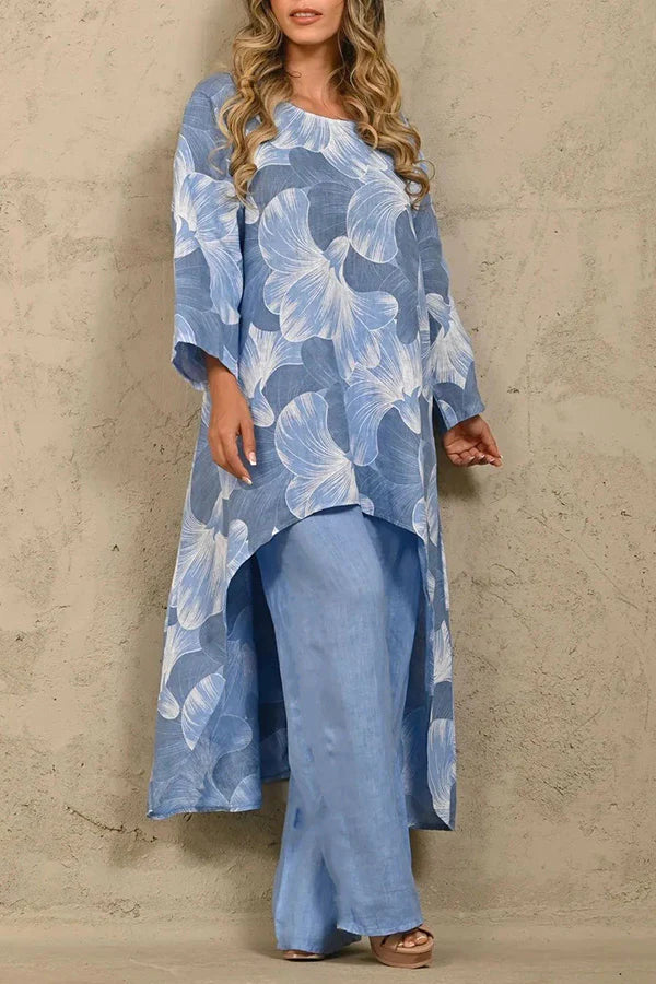 Exquisite Print Crew Neck Paneled Pant Suit