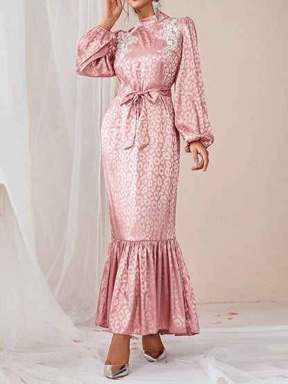 A-line Bishop Sleeve Elasticity Leopard Split-joint Tied Waist Mock Neck Maxi Dresses