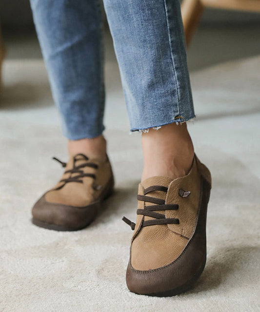 Cross Strap Flat Feet Shoes Apricot Cowhide Leather