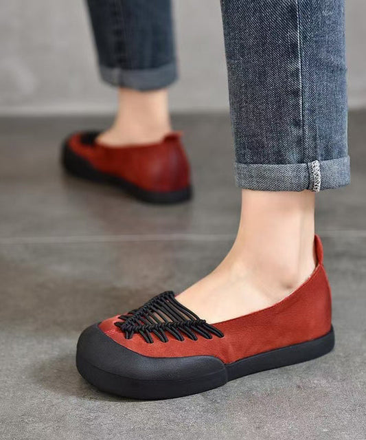 Comfortable Red Cowhide Leather Splicing Flat Feet Shoes