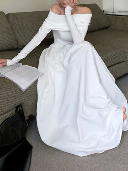Long Sleeves Pleated Color Split-joint Off-the-shoulder Maxi Dresses