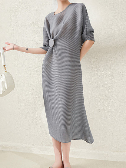 Stylish Irregularity Loose Pleated Color Round-neck Midi Dresses
