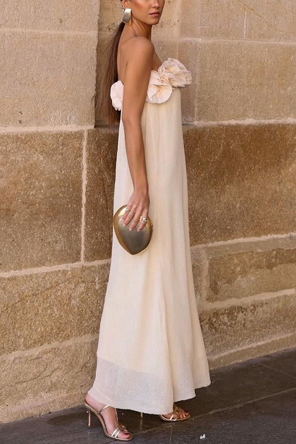 Blooming Flower Applique Elastic Off Shoulder Strapless Maxi Dress