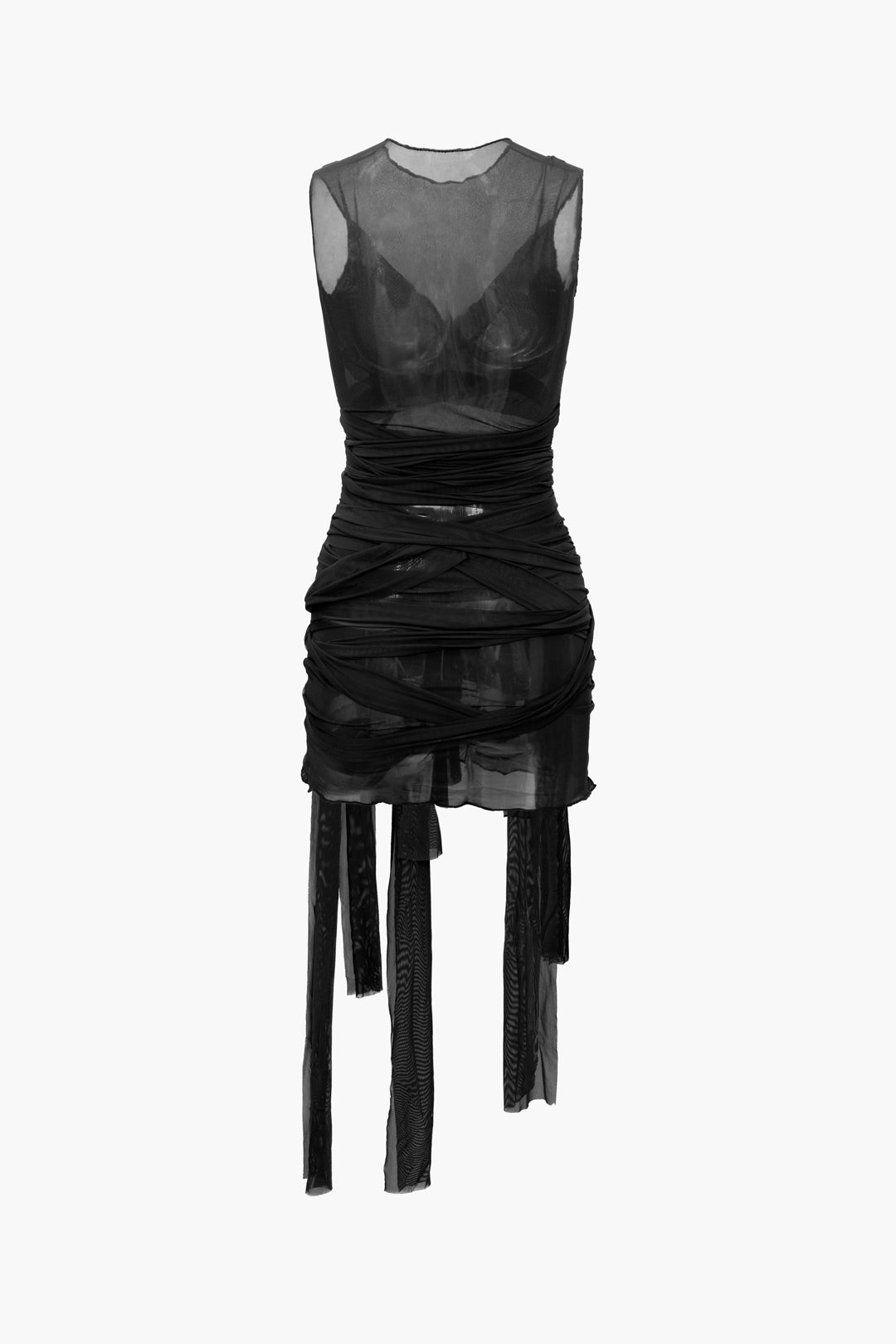 Color Sheer Mesh Wrap Tie Ribbon Mini Dress