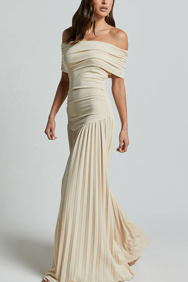 Off-shoulder Slim Fit Pleated Maxi Dress