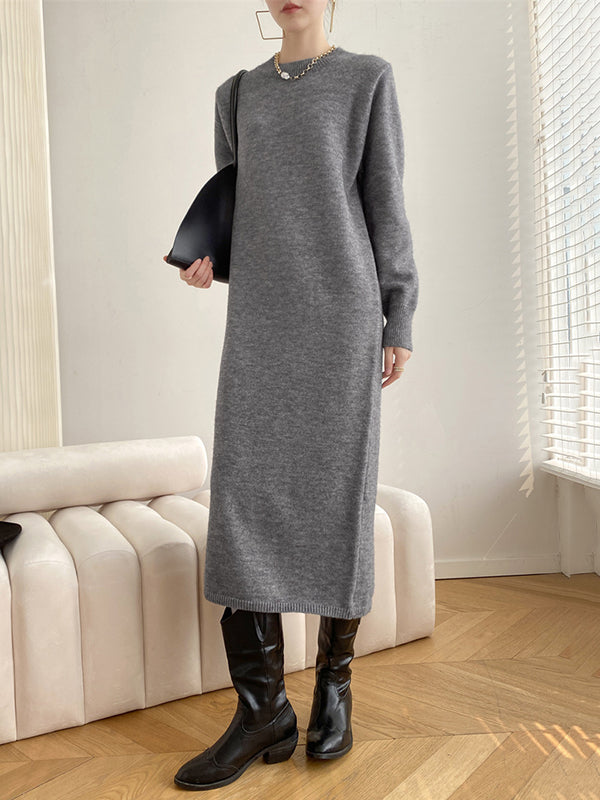 Urban Loose Long Sleeves Color Round-neck Sweater Dresses