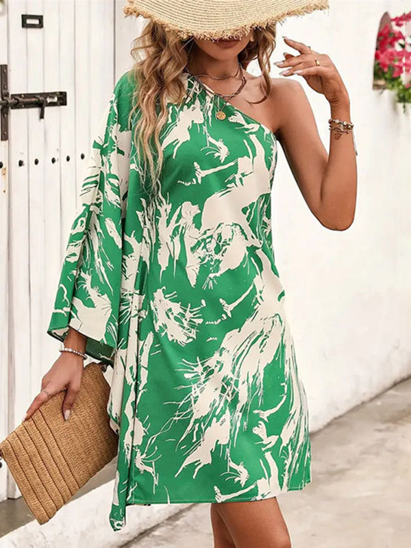 Batwing Sleeves High Waisted Asymmetric Printed One-shoulder Mini Dresses