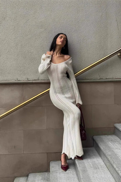 V-neck Knitted Dress With Flared Sleeves & Hollow Hip-wrap Maxi Dress