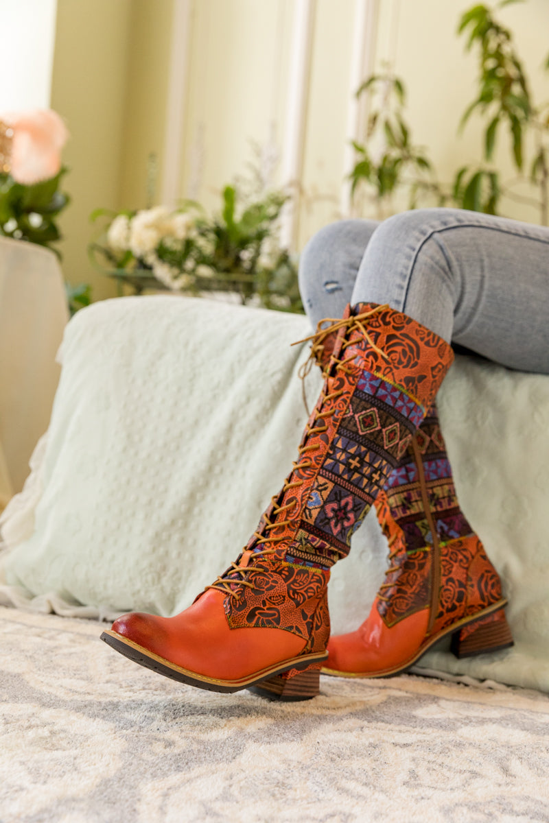 Soffia | Geometry Patchwork Embossed Leather Knee High Boot