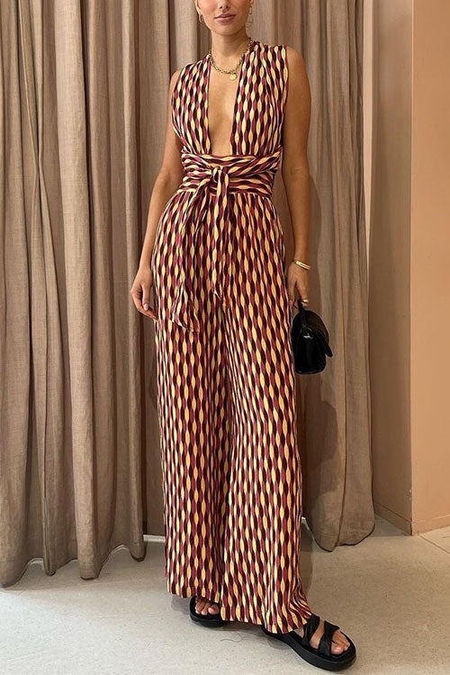 Back Criss Cross Knot Waist Wide Leg Printed Jumpsuit
