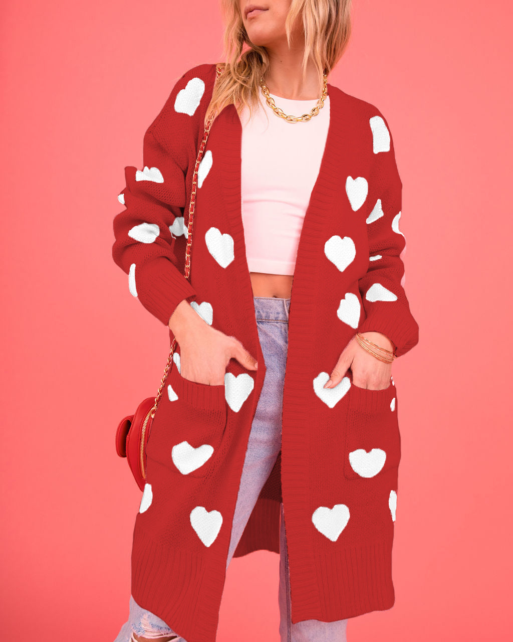 Listen to Your Heart Knit Open Front Cardigan - Red