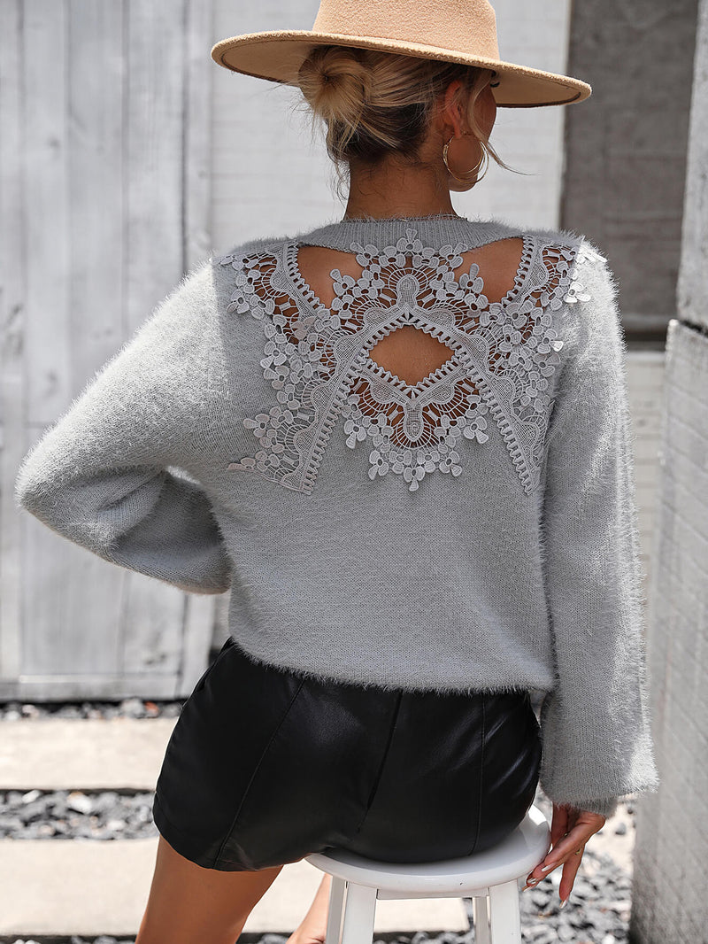 Petals Lace Pullover Sweater - Grey