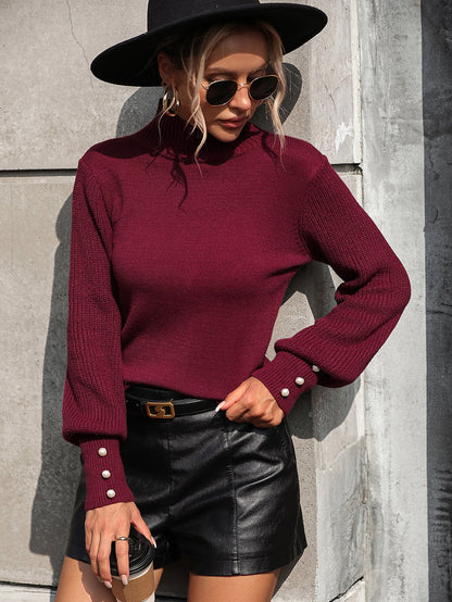 Raisman Pearl Turtleneck Knit Sweater - Burgundy