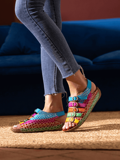 Soffia | Rainbow Strap Bubble Pattern Leather Sandal